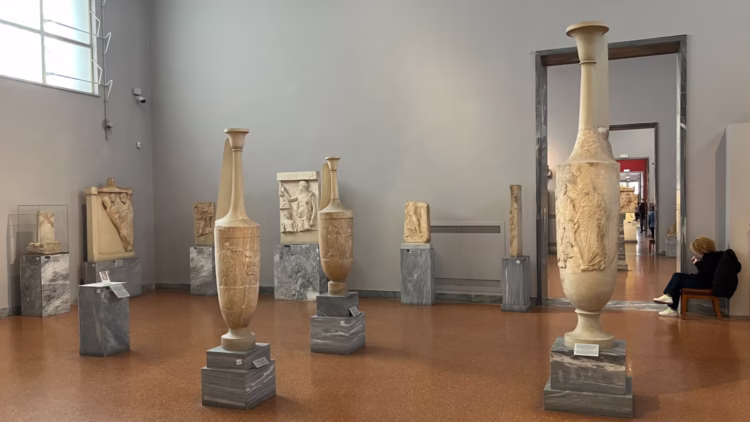 Greek Marble Funeral Vases and Reliefs in the Classical sculptures collection of the National Archaeological Museum in Athens
