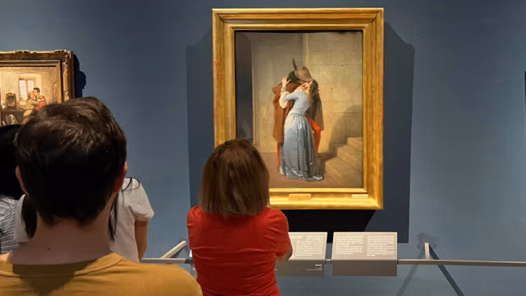 The Pinacoteca di Brera is Milan's largest art collection, but the gallery is not overly big, and tickets are easy to buy -- here viewing The Kiss by Hayez.