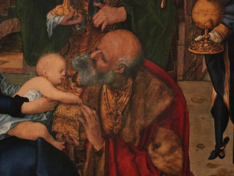 Adoration of the Magi old king detail, 1504 -- Albrecht Dürer in the Uffizi