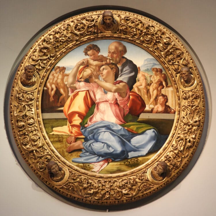 The Holy Family, known as the “Doni Tondo”, 1505-6, is Michelangelo's only finished panel painting, and a top attraction in the Uffizi.